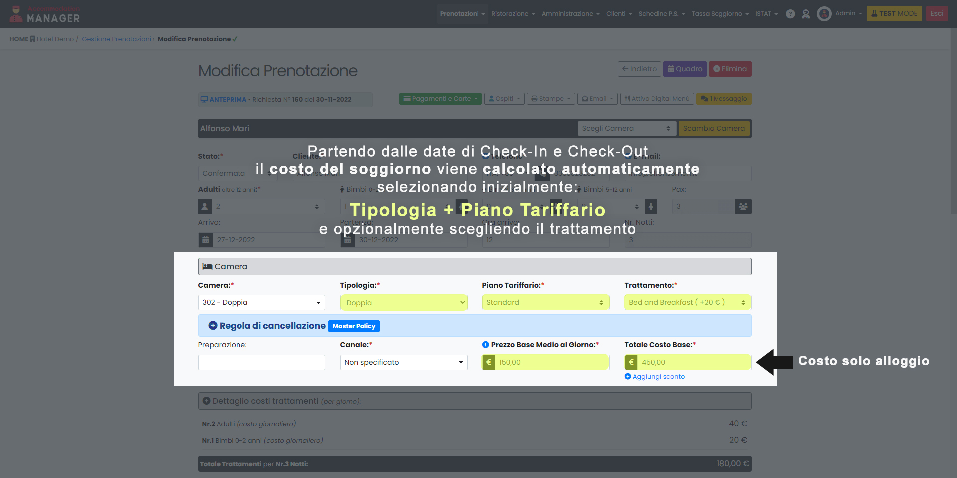 Scelta del piano tariffario da scheda prenotazione e compilazione automatica dei prezzi soggiorno su Accommodation Manager
